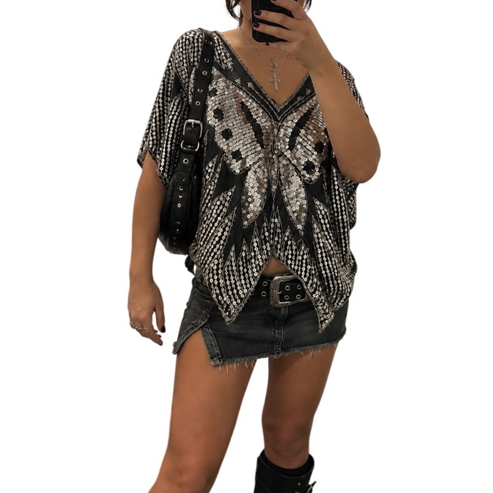 Vintage Y2K Silk Sequin Butterfly Poncho Top Black Silver Hand Beaded